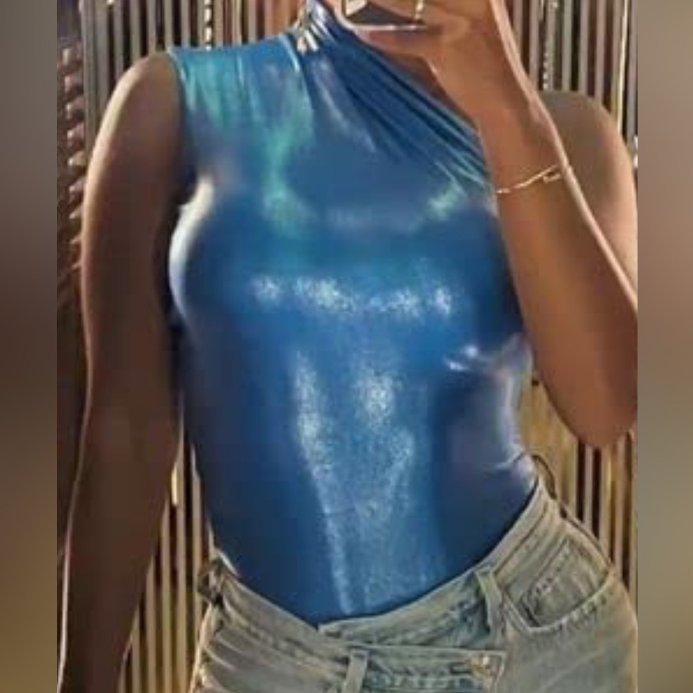 Women's Metallic Liquid One Piece Bodysuit High Leg Cut Ruched One Shoulder